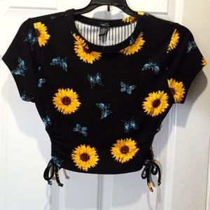 CUTE Fitted Black Crop Top with Yellow Sunflowers and Blue Butterflies 🦋 💛